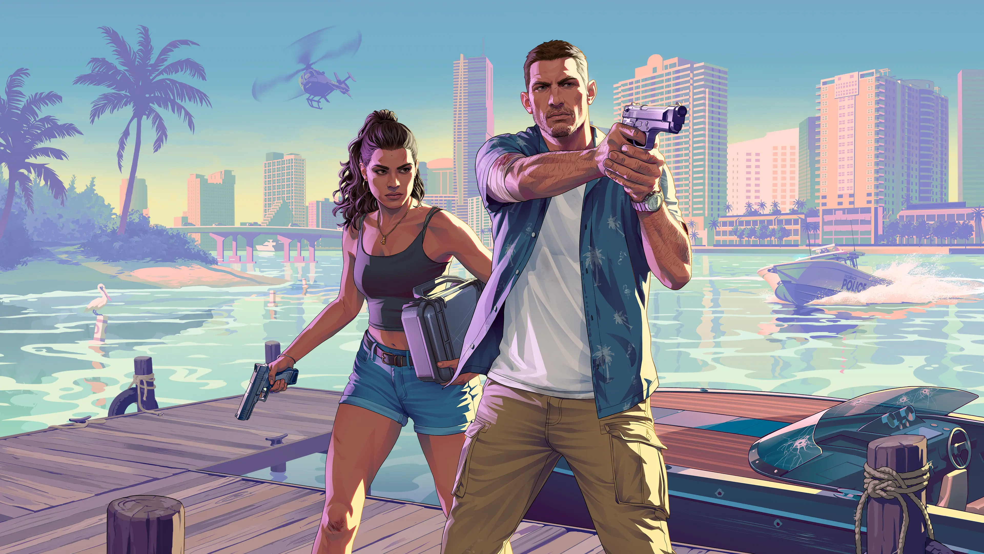 Deux personnages de GTA 6 sur un ponton à Vice City, au coucher du soleil